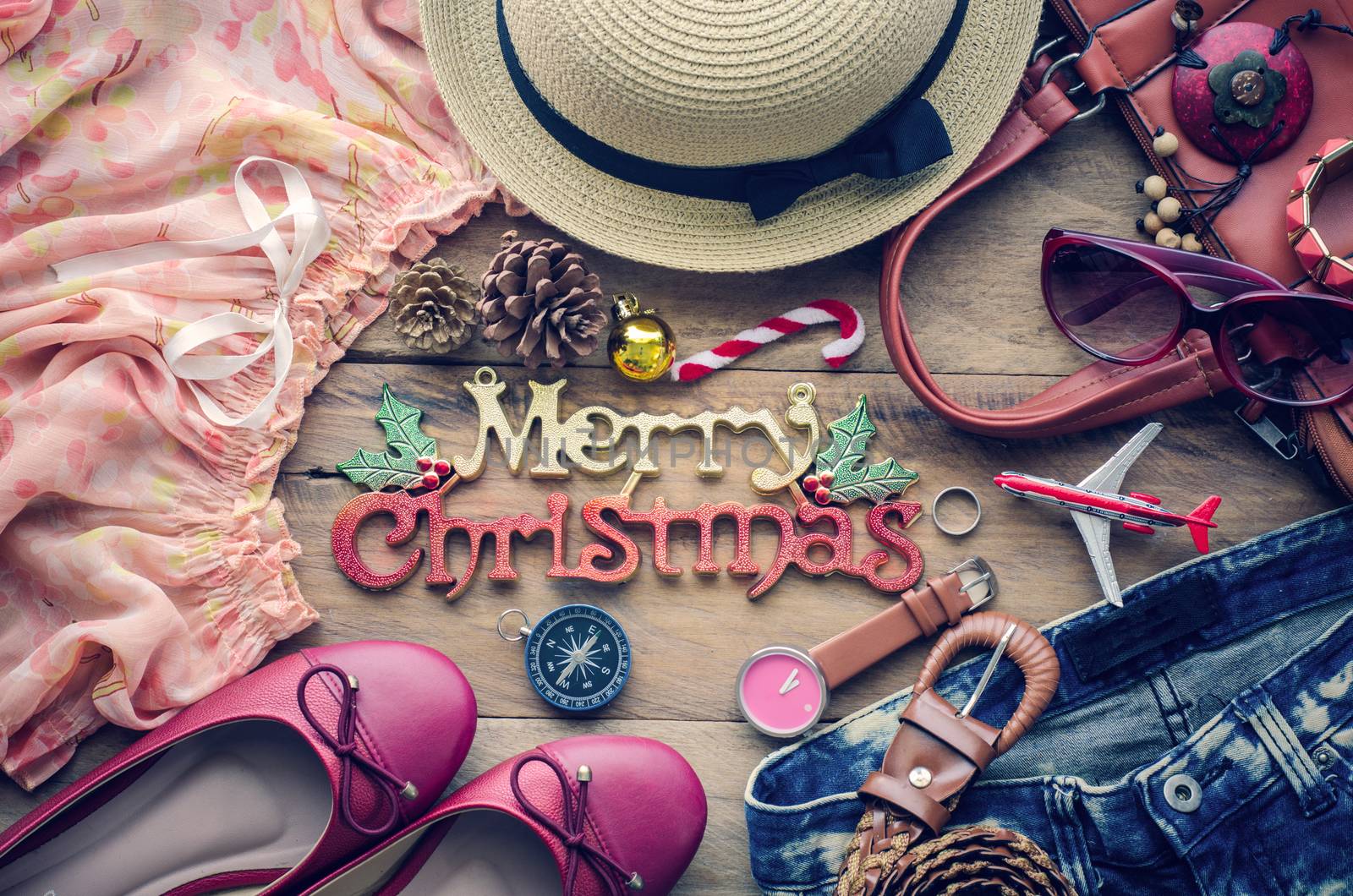 Christmas background and costumes for women the trip in the Christmas season.