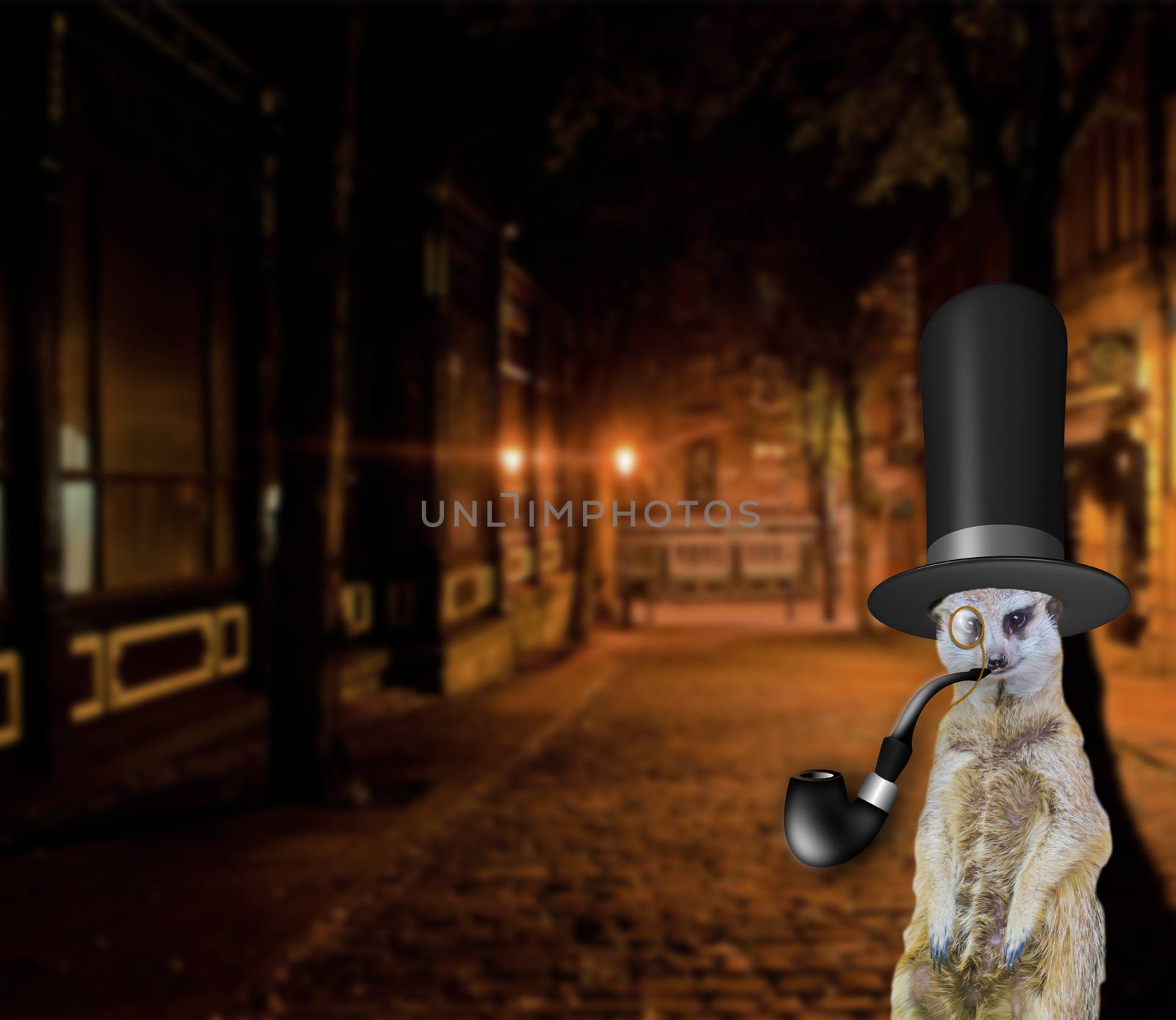 old english funny concept of a posh meerkat wearing a vintage top hat and standing in the city streets