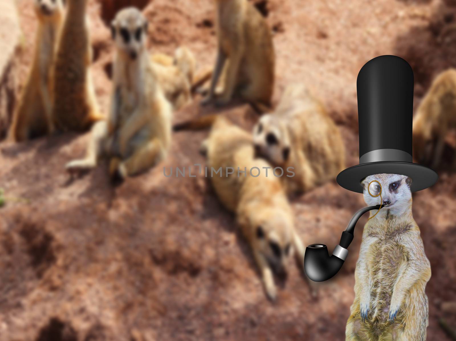 the odd one out a old english posh gentlemen meerkat wearing a top hat standing infront of his normal family