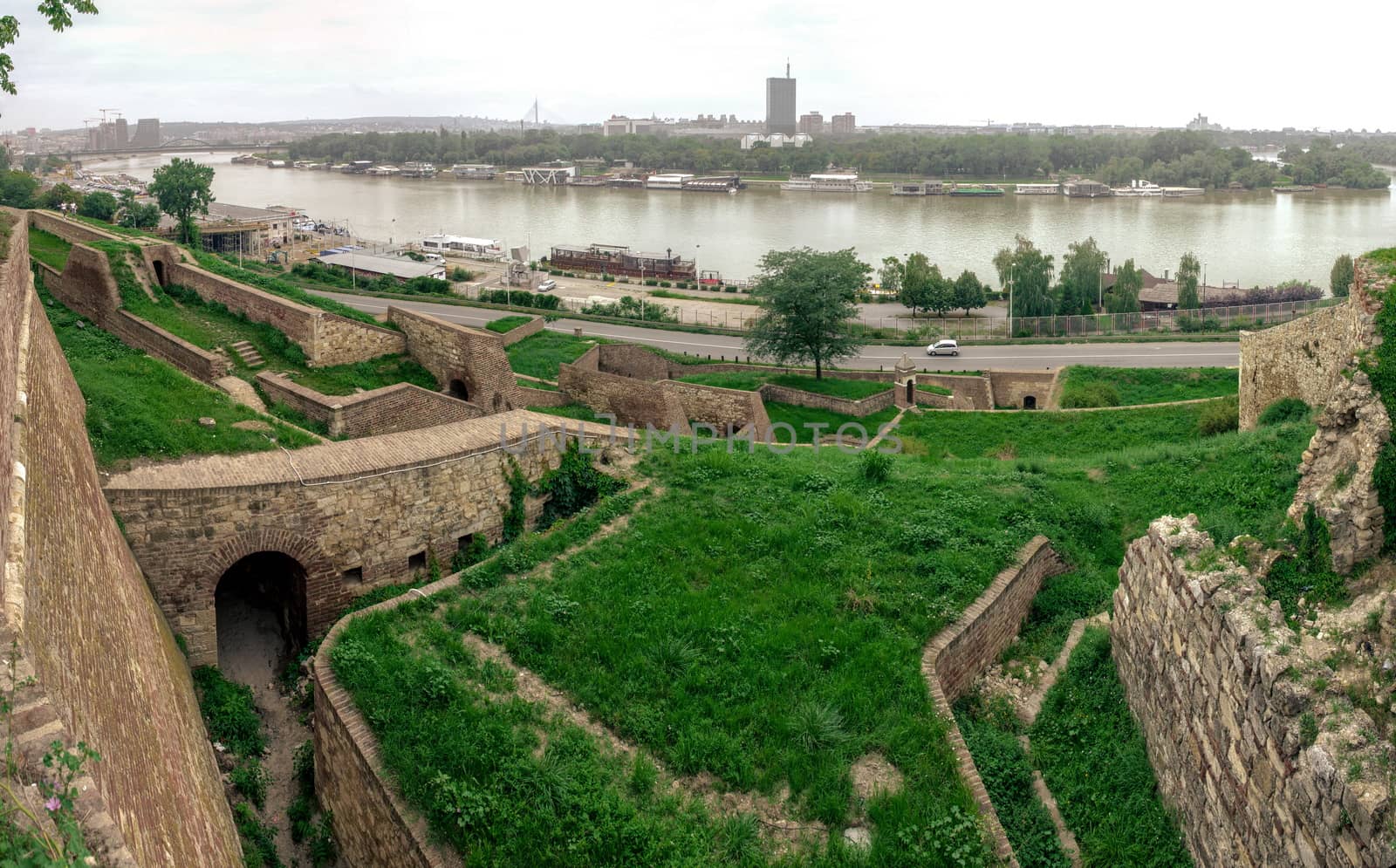 Panoramic view of the Danube and Sava rivers from the Belgrade fortress and Kalemegdan in Serbia on a cloudy summer day