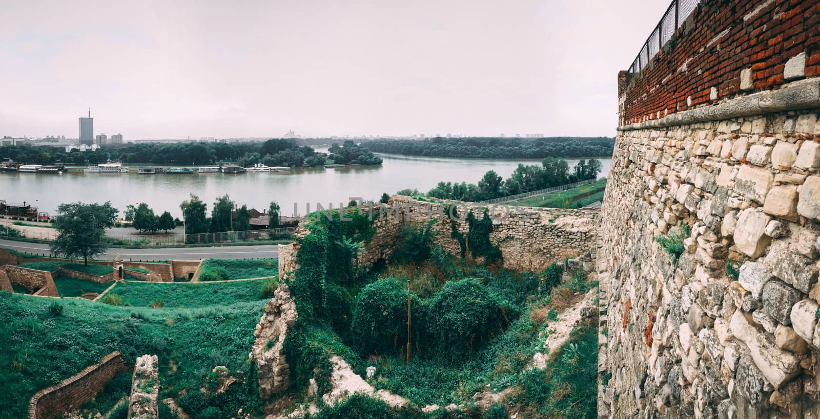 Panoramic view of the Danube and Sava rivers from the Belgrade fortress and Kalemegdan in Serbia on a cloudy summer day