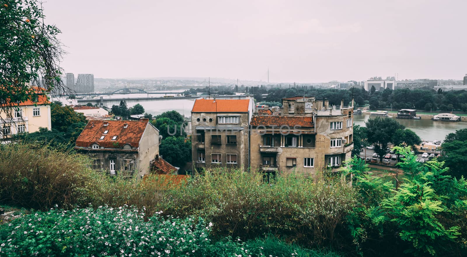 Panoramic view of the Danube and Sava rivers from the Belgrade fortress and Kalemegdan in Serbia on a cloudy summer day