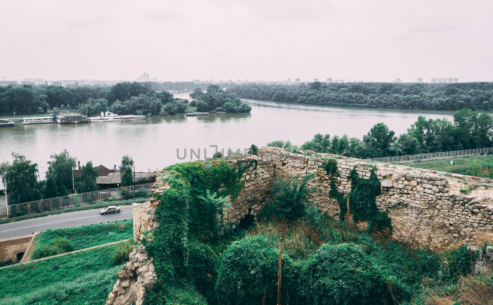 Panoramic view of the Danube and Sava rivers from the Belgrade fortress and Kalemegdan in Serbia on a cloudy summer day