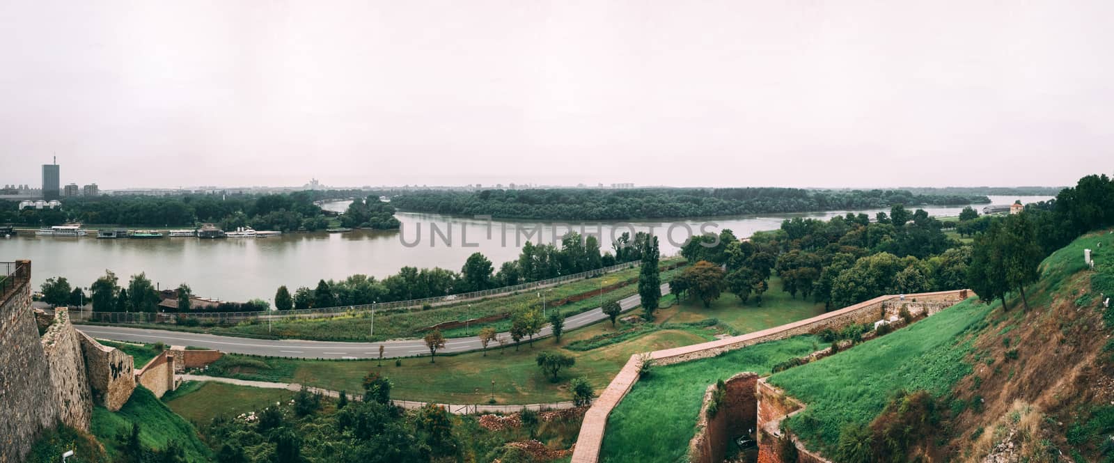 Panoramic view of the Danube and Sava rivers from the Belgrade fortress and Kalemegdan in Serbia on a cloudy summer day