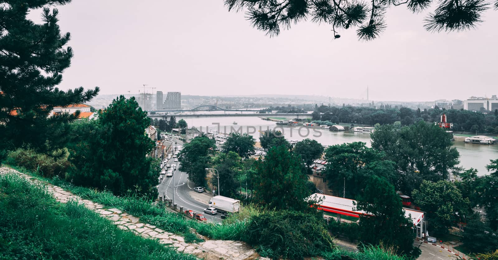 Panoramic view of the Danube and Sava rivers from the Belgrade fortress and Kalemegdan in Serbia on a cloudy summer day