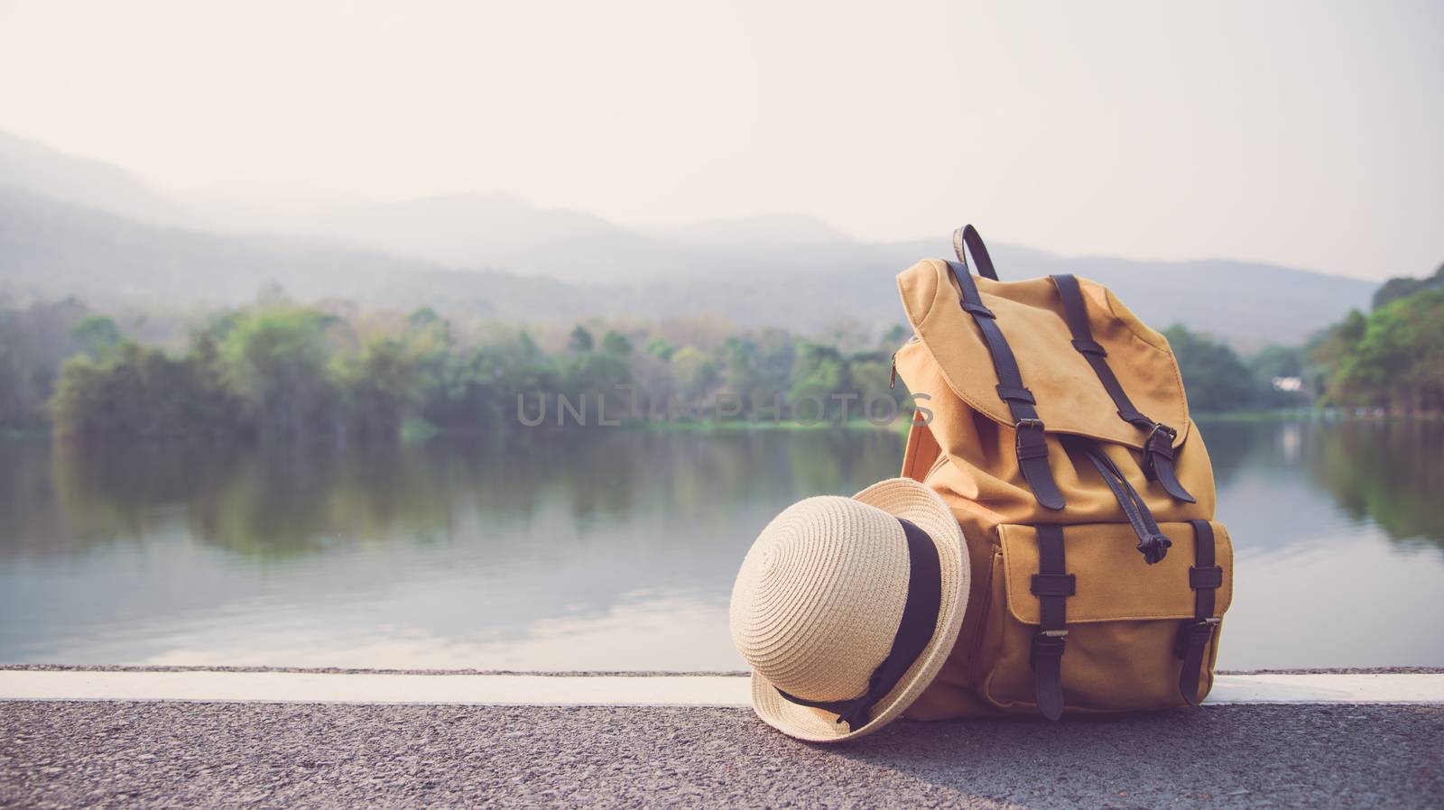 Backpack and travel accessories,Travel lovers to travel in an adventure lifestyle and in the midst of the mountains.