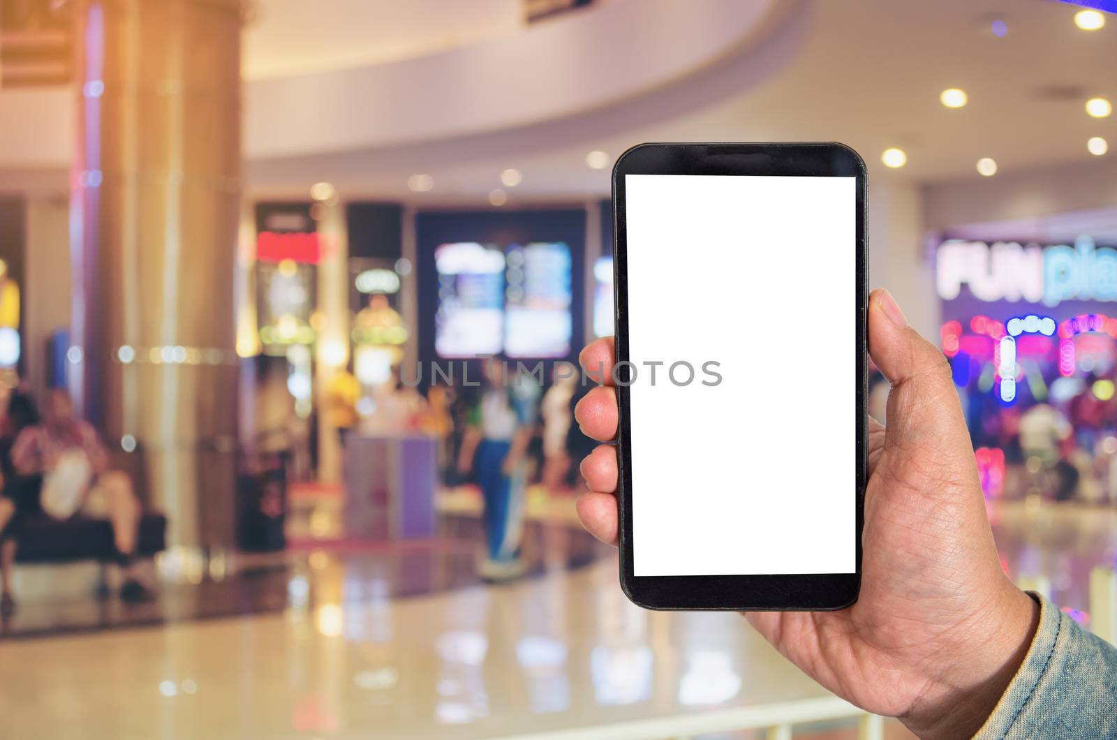 Mock up Blank screen smartphone in shopping mall background of b by photobyphotoboy