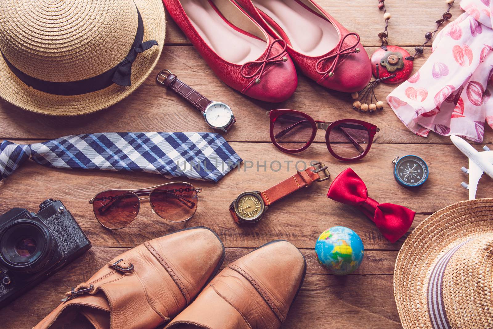 Clothing and accessories for men and women ready for travel - life style 