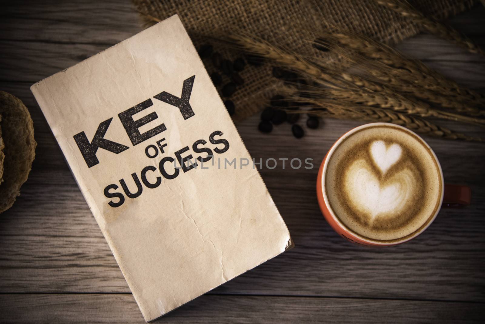 Red coffee cup and concept books for success lay on the wooden floor - Lifestyle concept