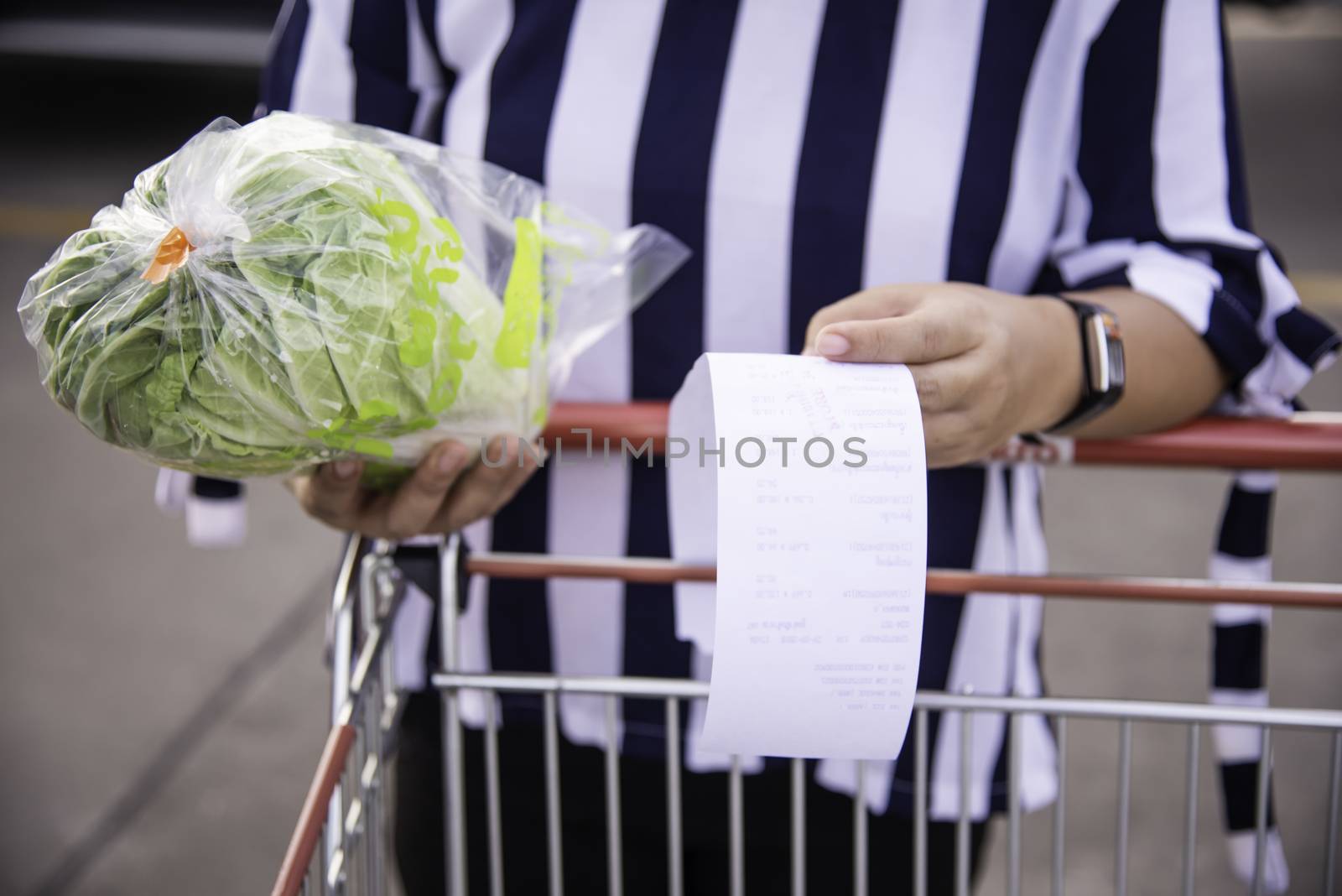 The woman who handles the receipt and the check in the shopping cart bought from the mall.