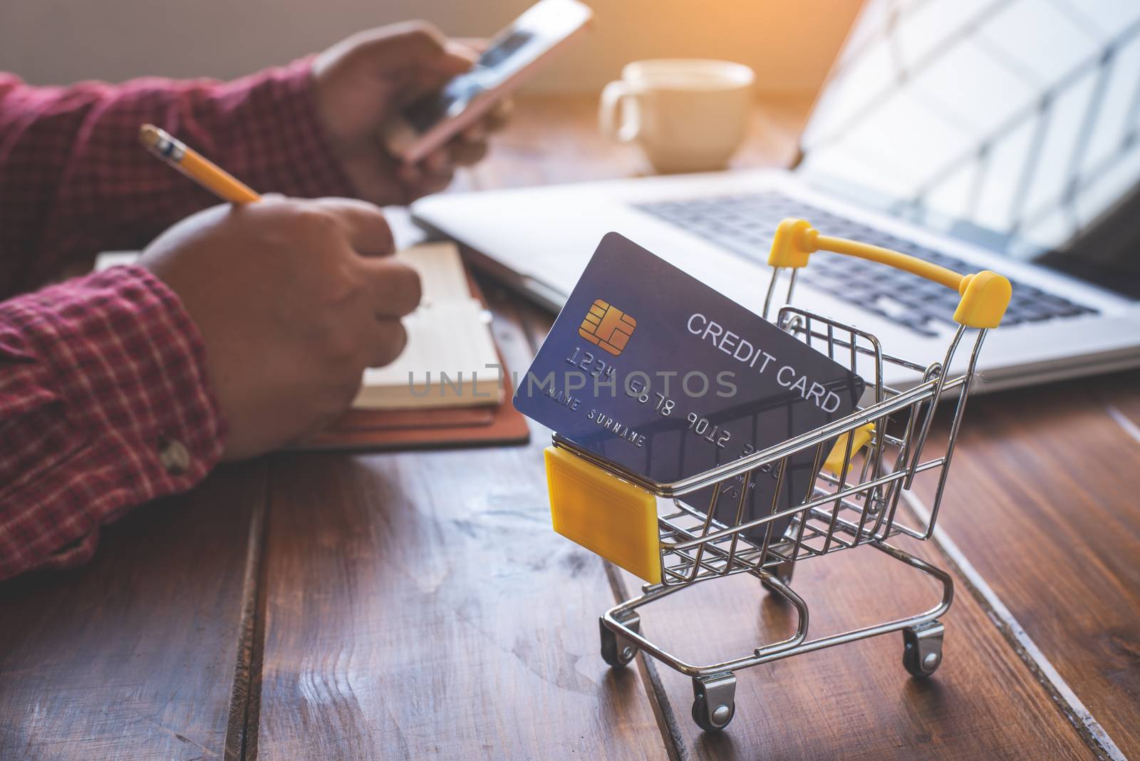 Small shopping cart with credit card inside and behind is business on desk - concept use credit for shopping.