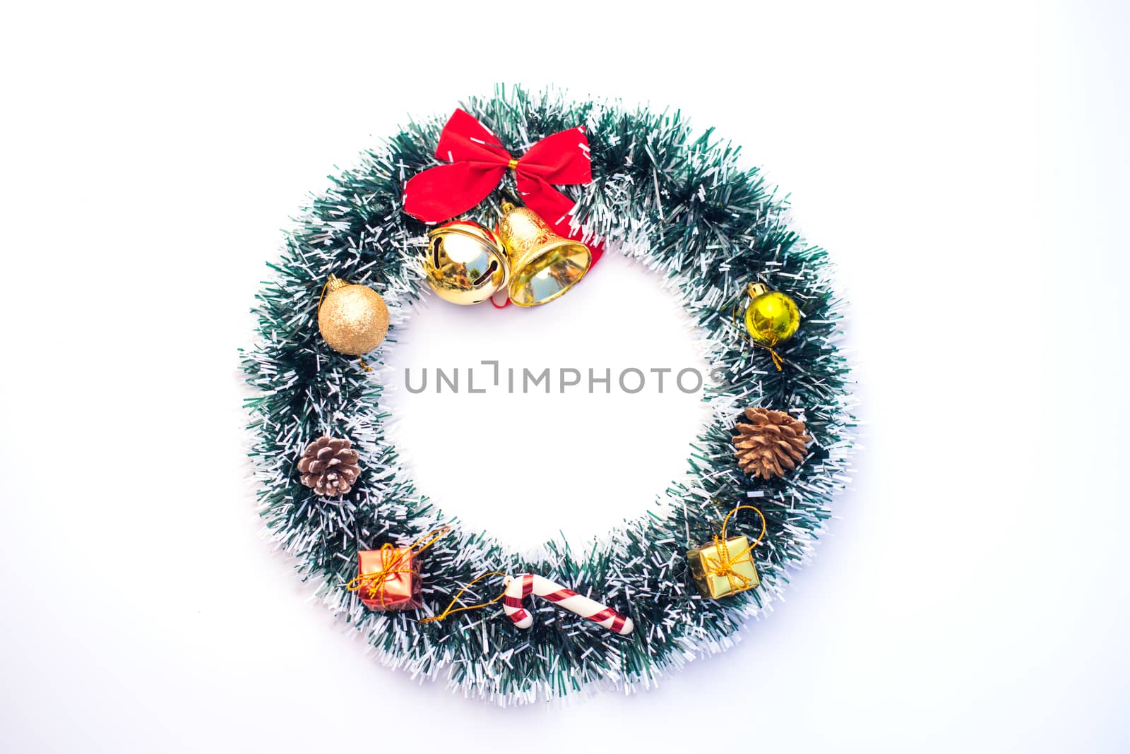 Decorations for Christmas celebrations are placed on white background.