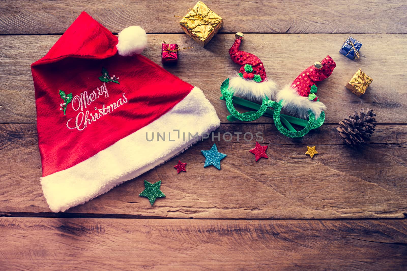 Decorations for Christmas celebrations are placed on wooden floors 