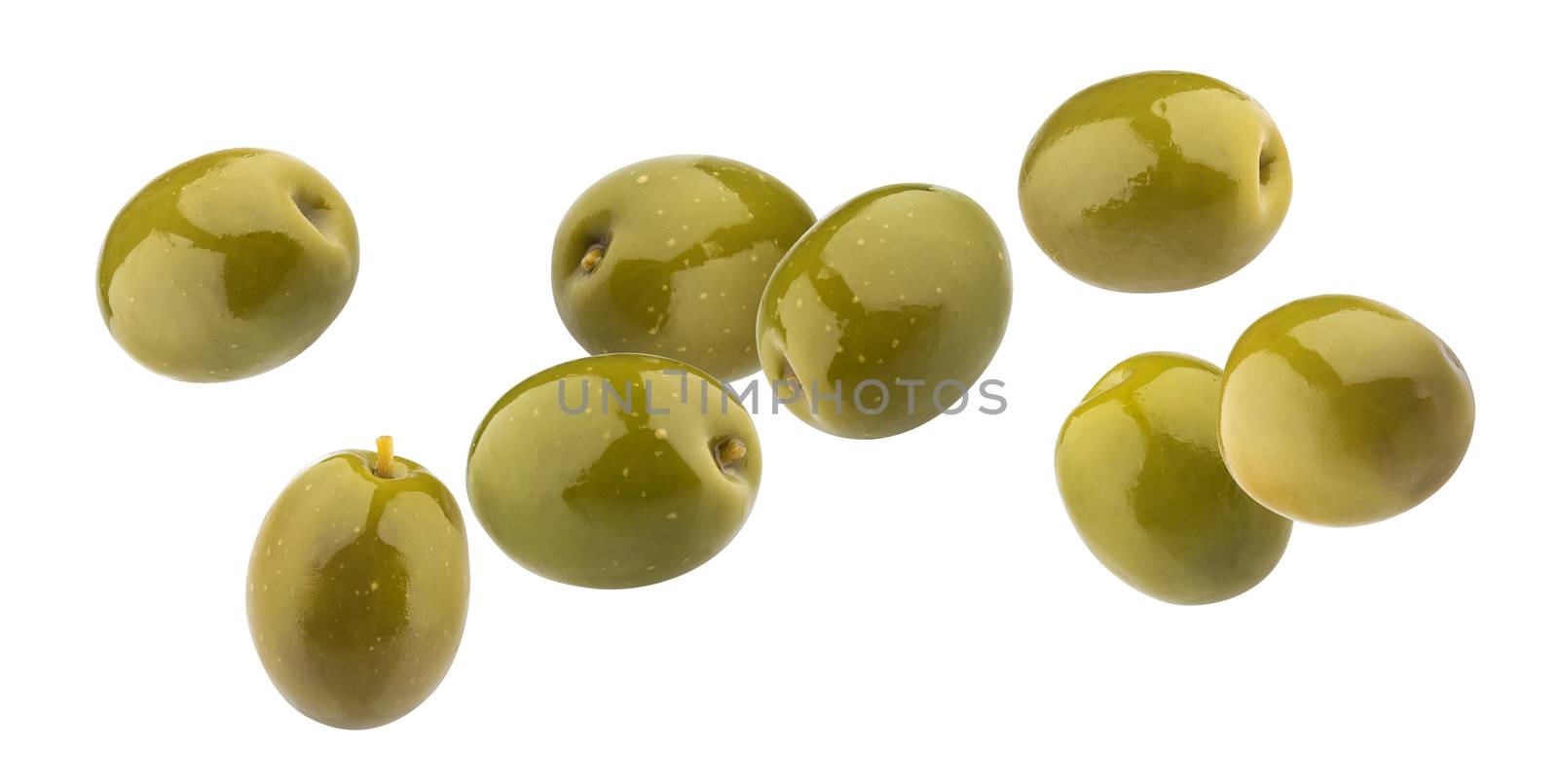 Green olives isolated on white background with clipping path, close-up