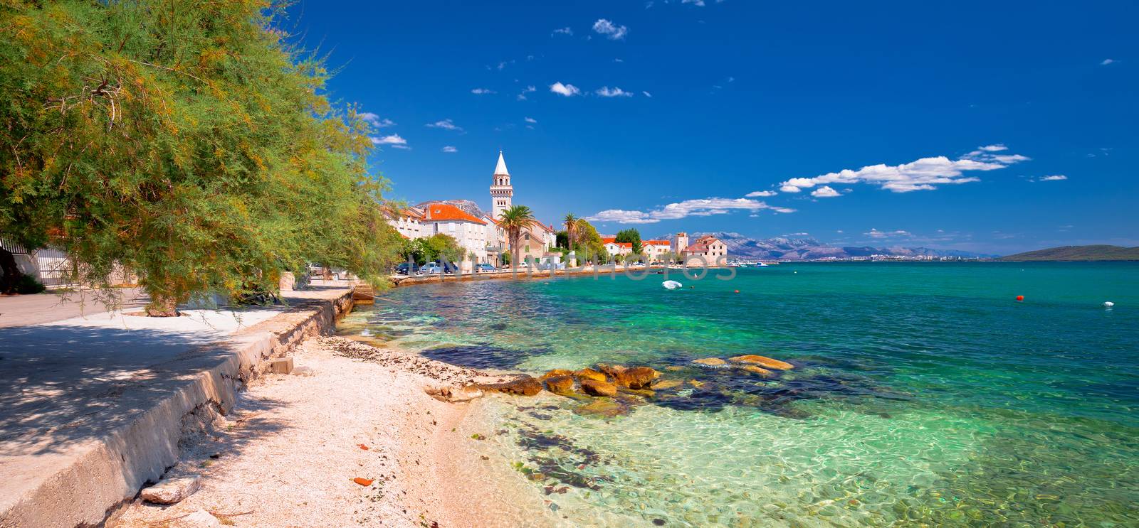 Kastel Stafilic landmarks and turquoise beach panoramic view, Split region of Dalmatia, Croatia