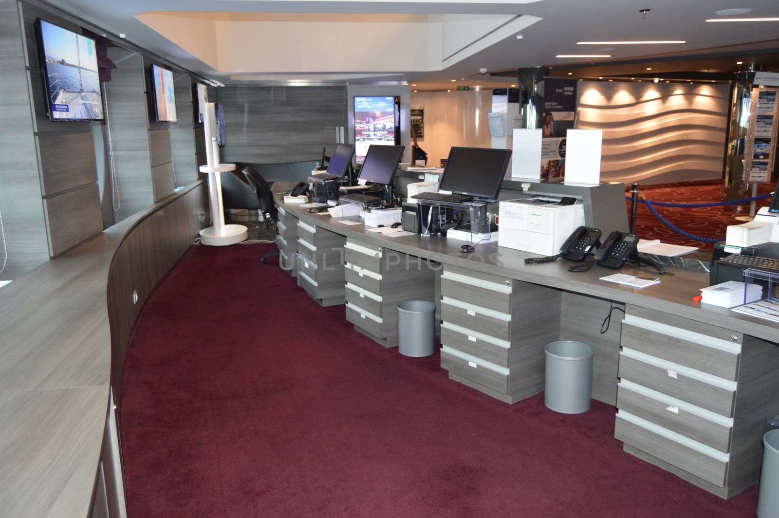 The front Desk of a cruise ship with views of workplace managers, MSC Meraviglia, October 8, 2018