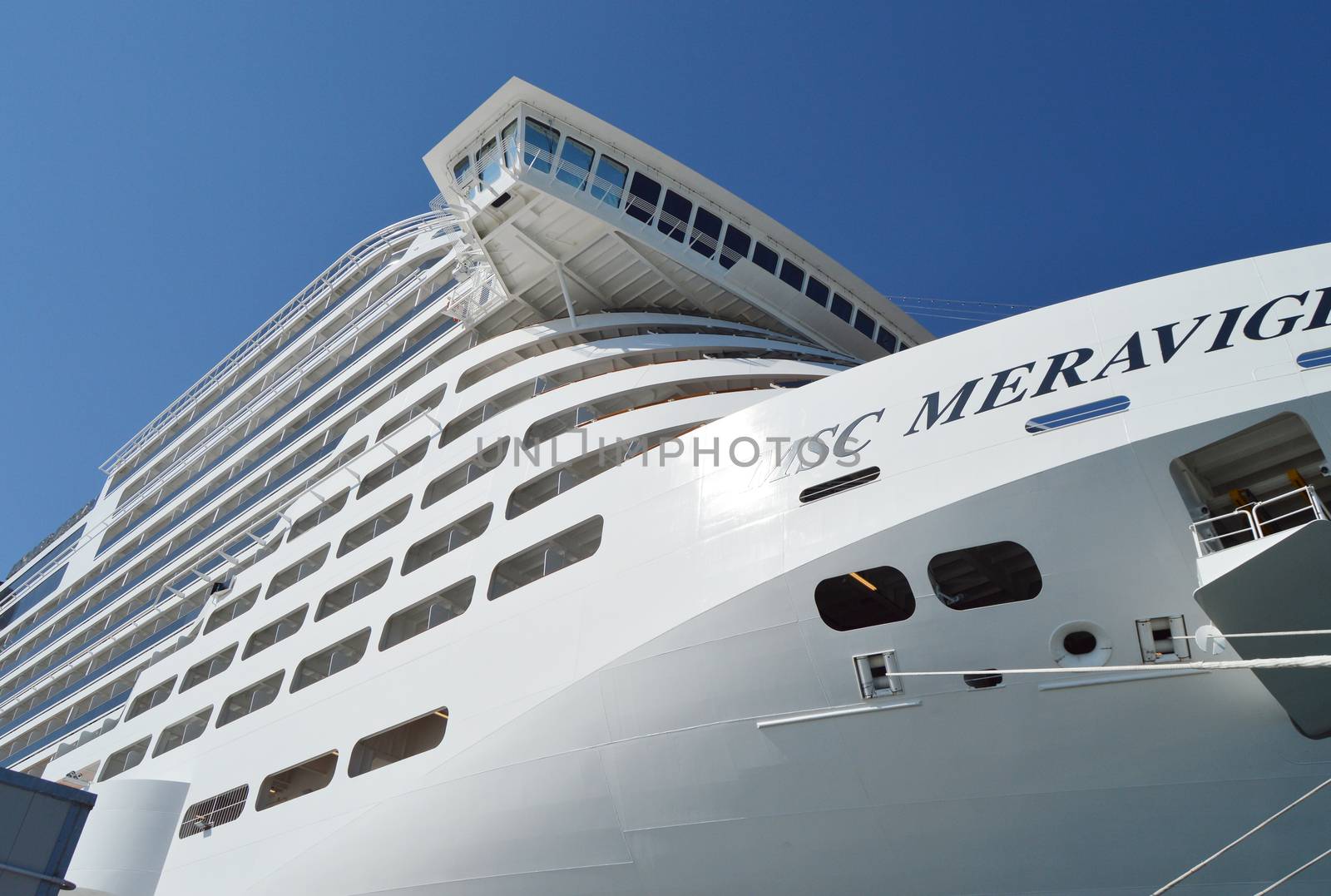 Close-up of luxury cruise liner MSC Meraviglia, the name of the ship is written on the starboard side, October 7, 2018 by claire_lucia