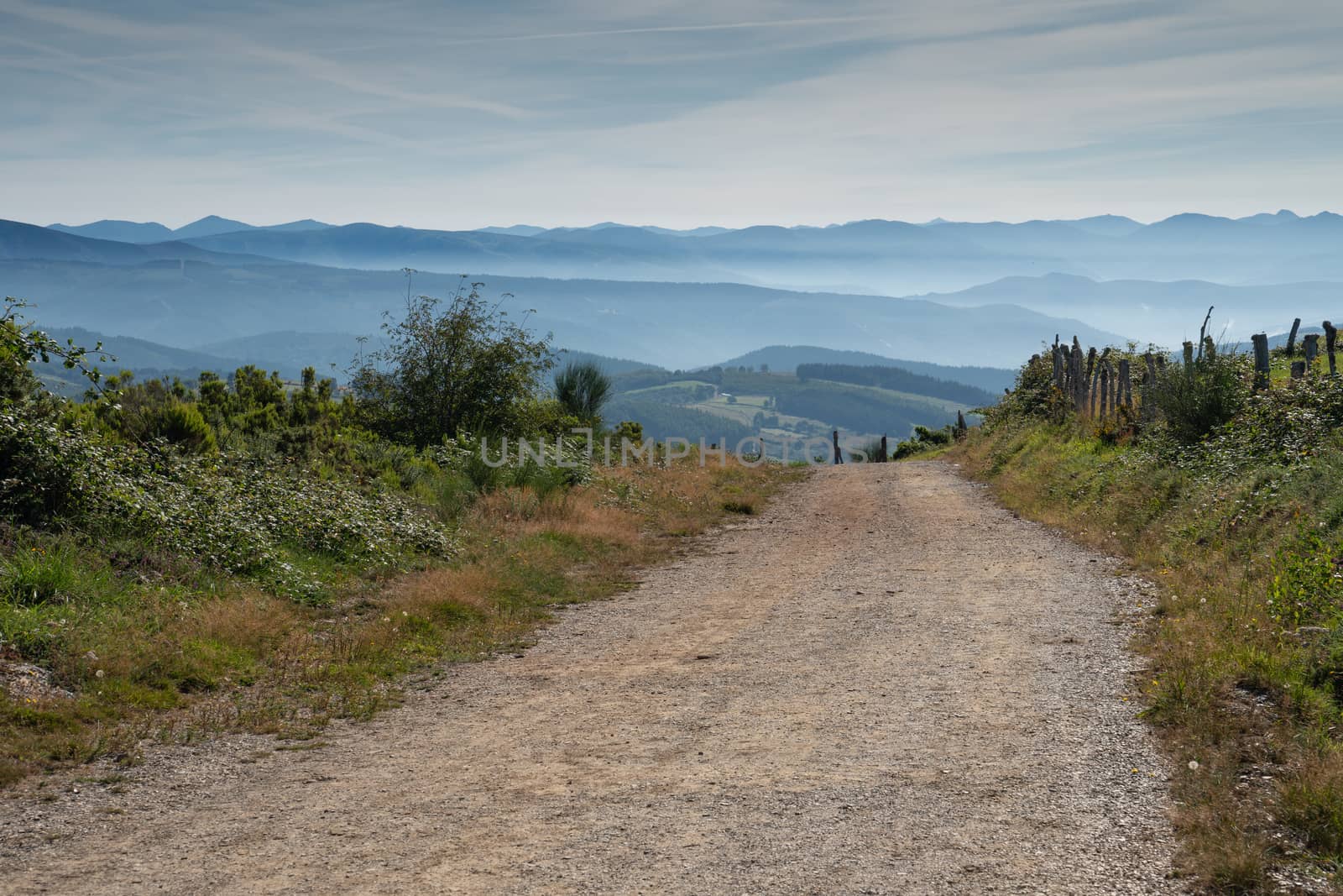 Panoramic landscape along the Camino de Santiago trail between Fonsagrada and O Cadavo, Galicia, Spain