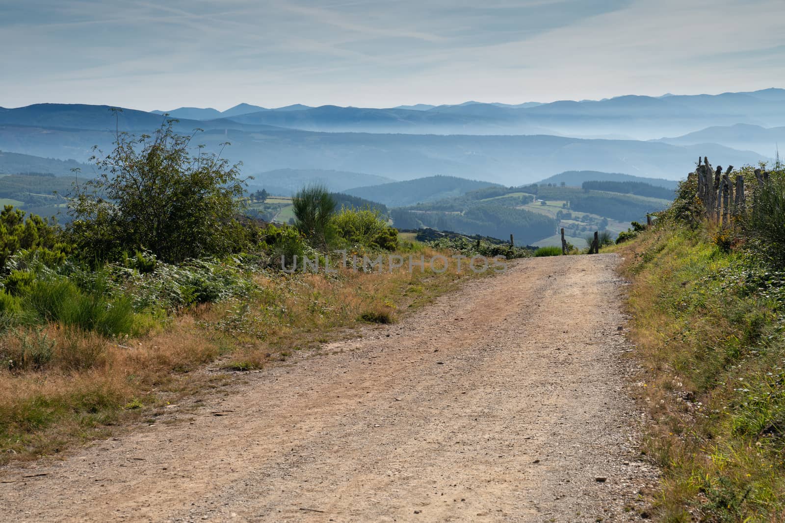 Panoramic landscape along the Camino de Santiago trail between Fonsagrada and O Cadavo, Galicia, Spain