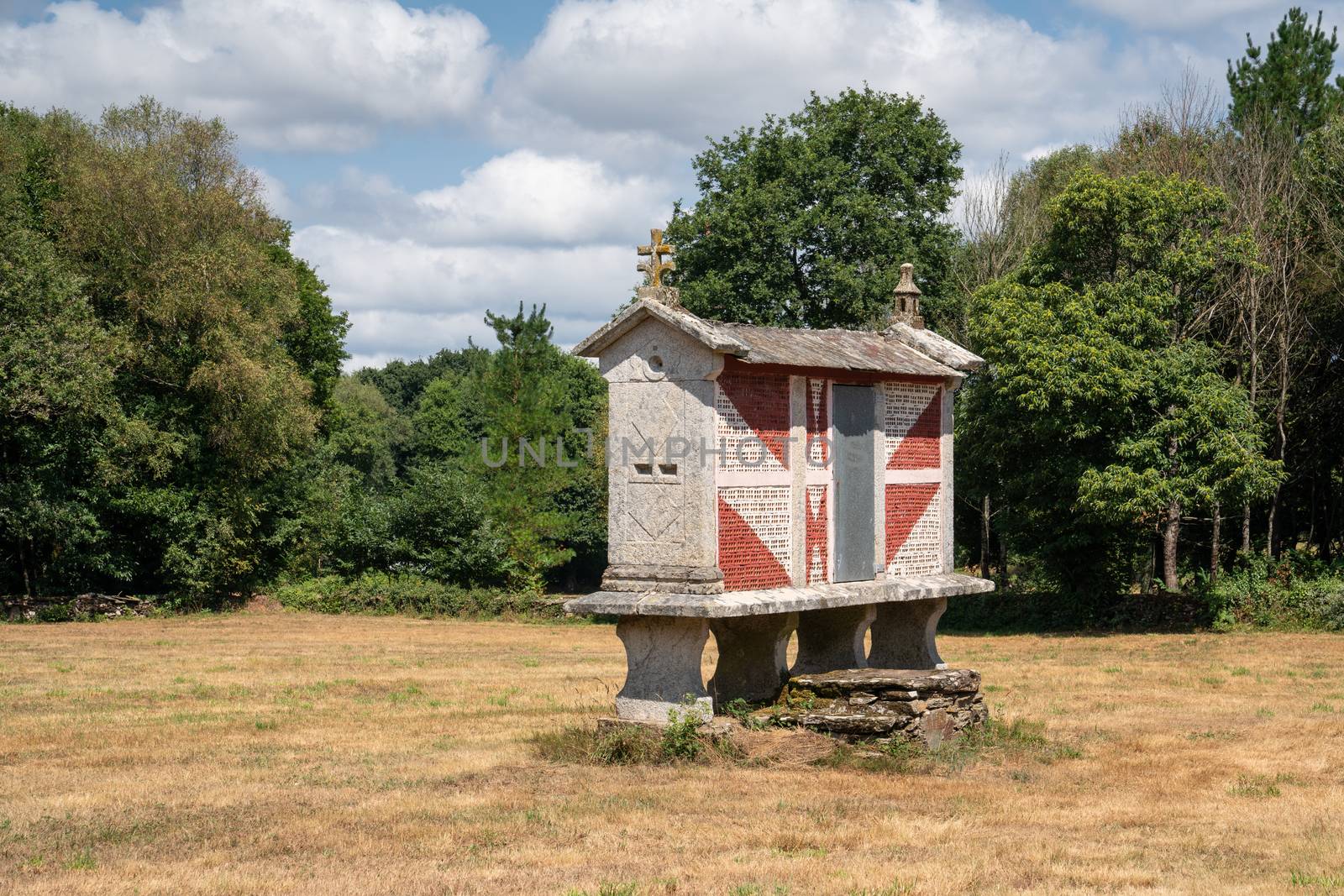 Traditional granary alongside the Camino de Santiago trail, Galicia, Spain