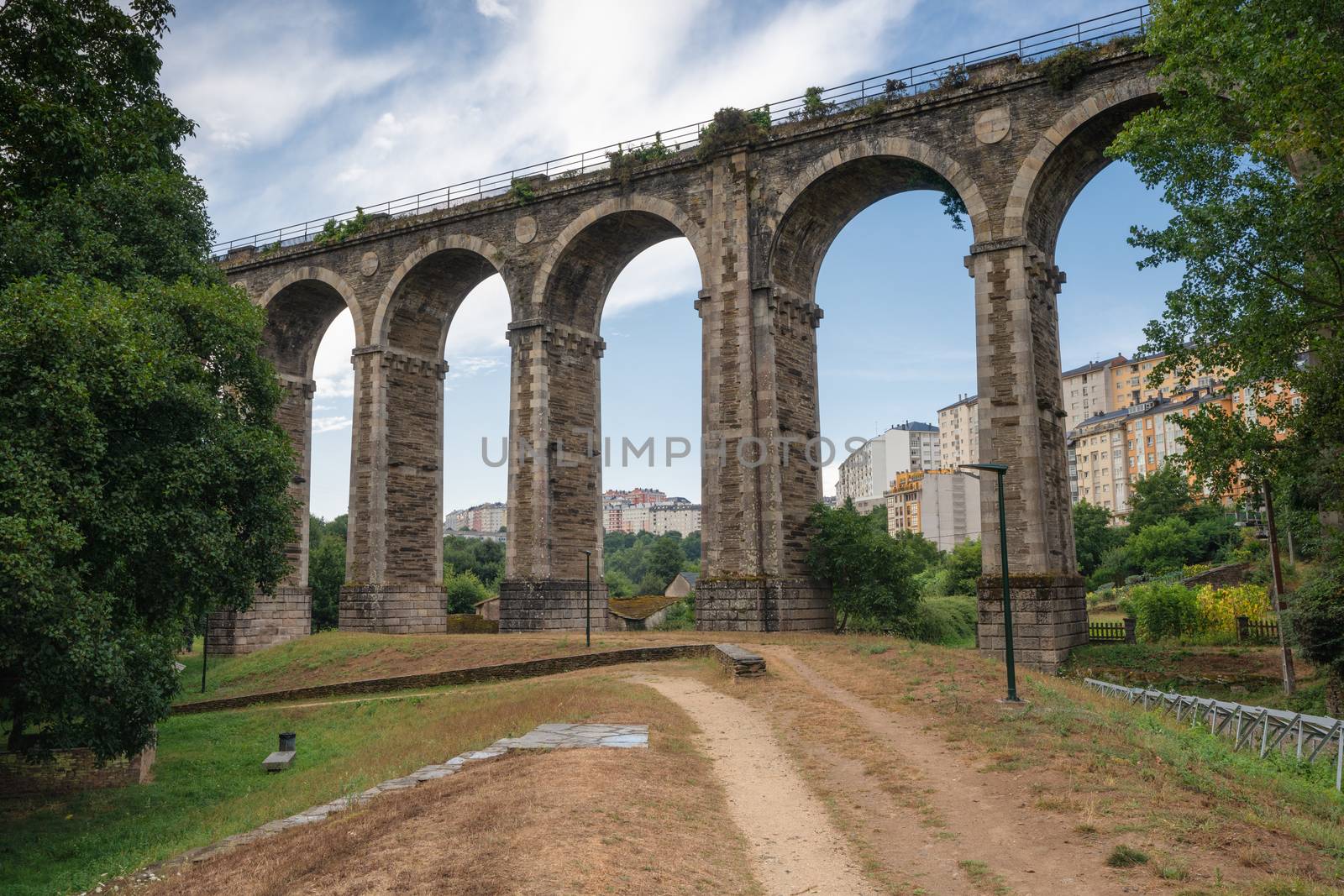 Panoramic image of the old railway bridge of Lugo with the city in the background, Galicia, Spain