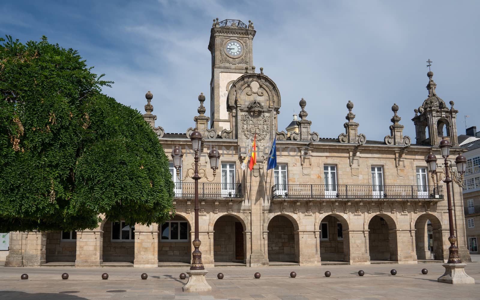 Panoramic image of the historic townhall of Lugo on a cloudy day, Camino de Santiago trail, Calicia, Spain