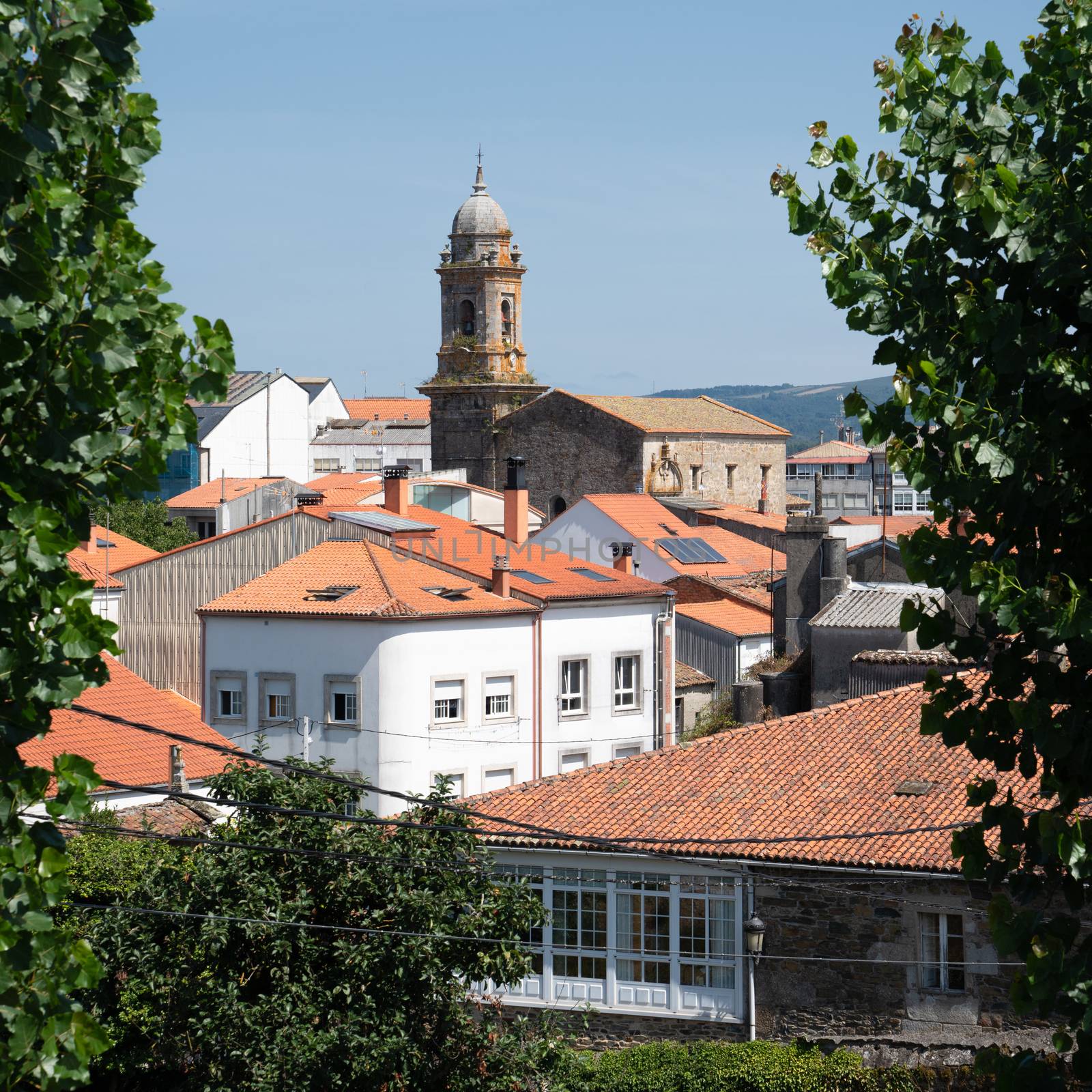 View over the roofs of the city center of Melide, Galicia, Spain