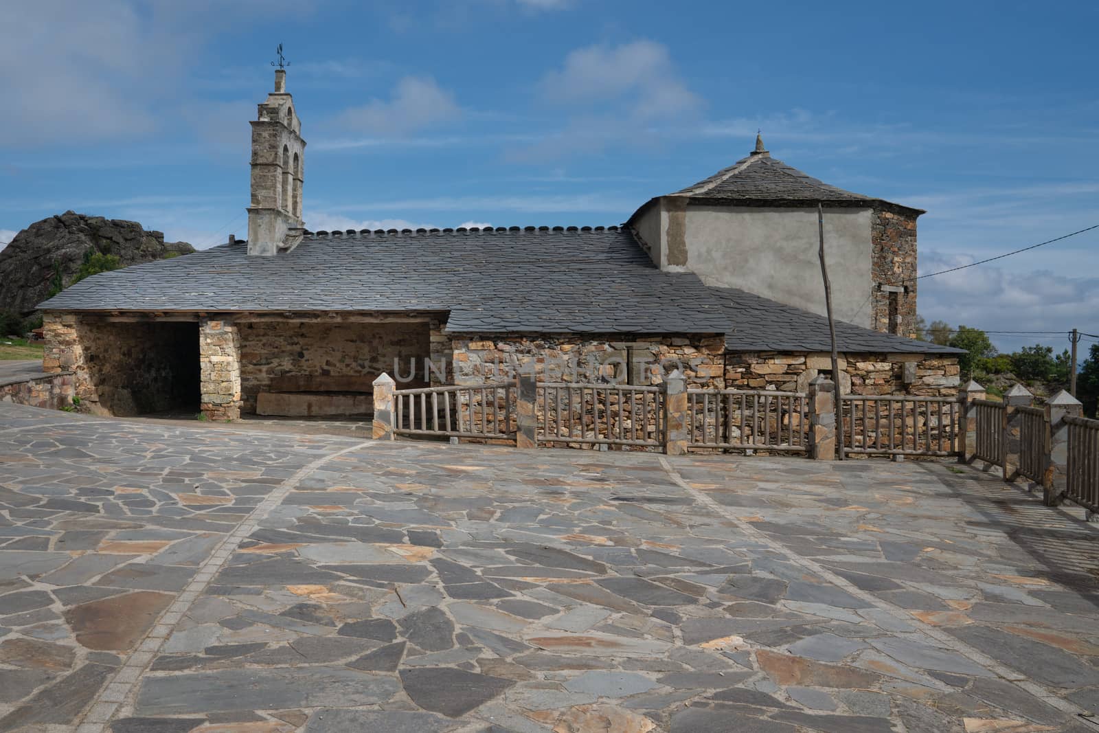 Old church Santa Maria Magdalena in sunlight with blue sky, Penafonte, Camino de Santiago close to Grandas de Salime, Asturias, Spain