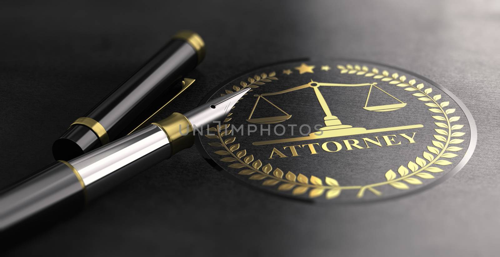 Attorney sign design with scales of justice symbol printed on black background and fountain pen. 3D illustration