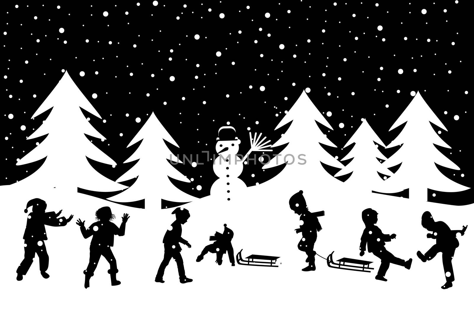 Black and white winter greeting card with kids playing in the sn by hibrida13