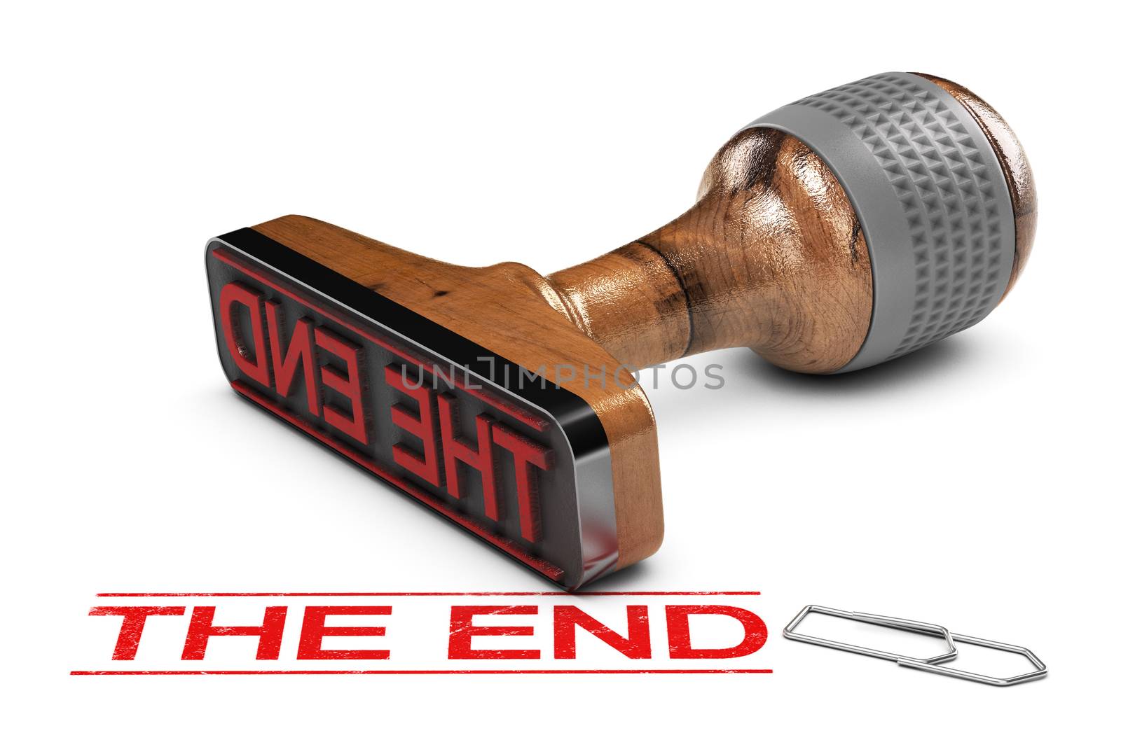 The word end stamped over white background with a rubber stamp. 3D illustration. 