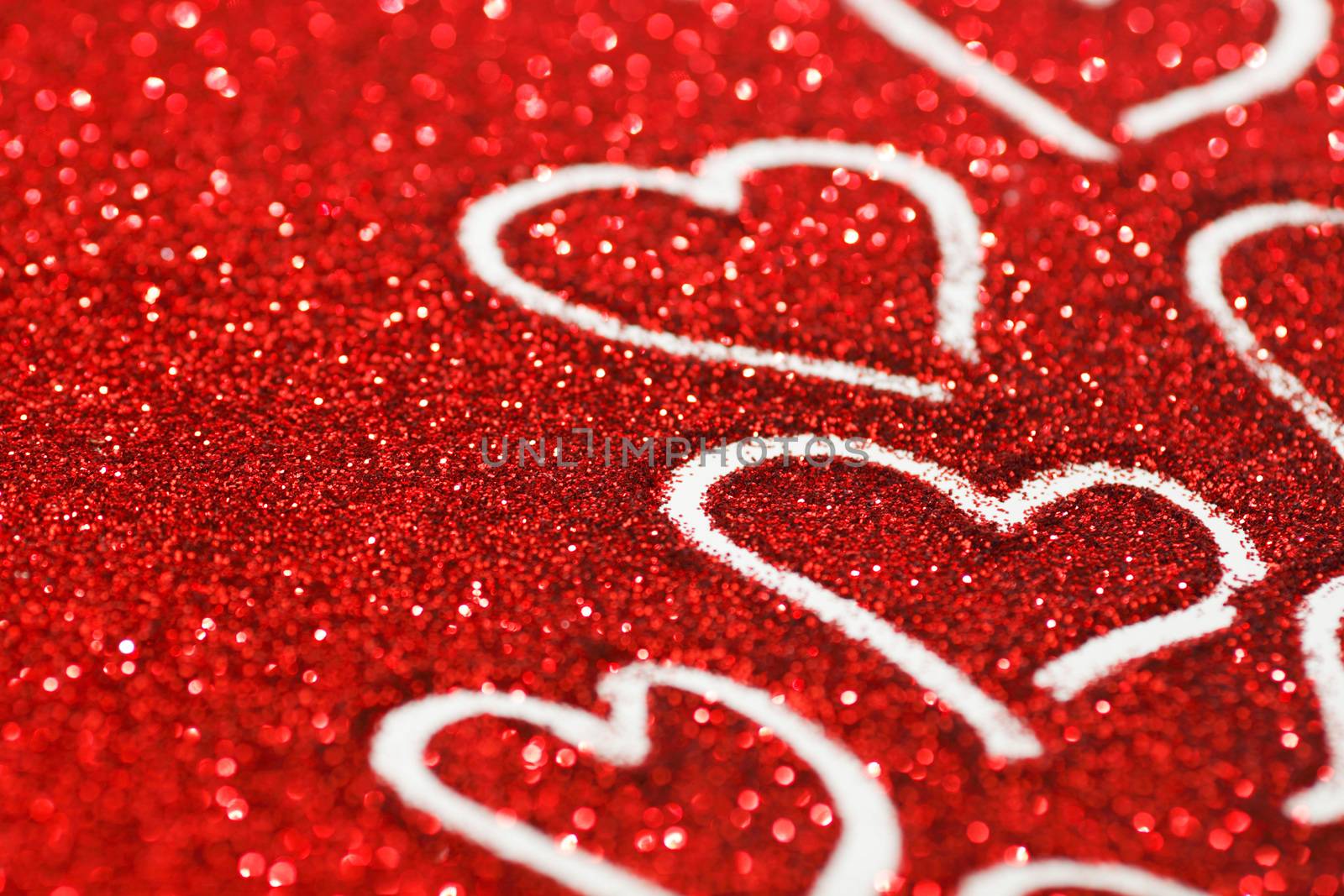 Red glitter background with hearts, valentines day design
