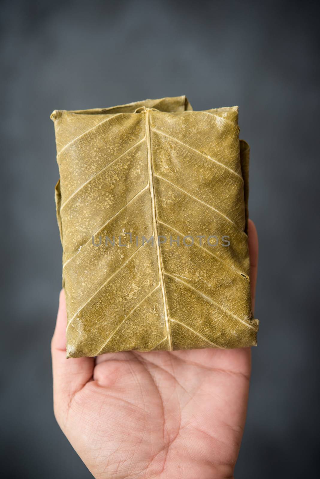 Raw tempeh wrapped in leaf on hand. by szefei