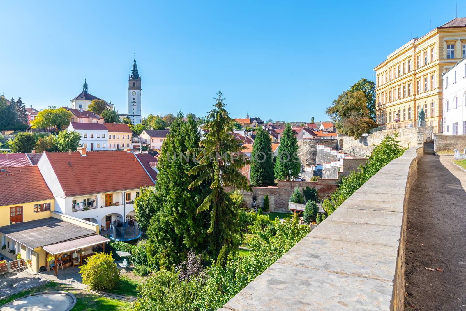 Litomerice cityscape with baroque St. Stephen's Cathedral and bell tower, Litomerice, Czech Republic. View from fortification walls and baileys by pyty