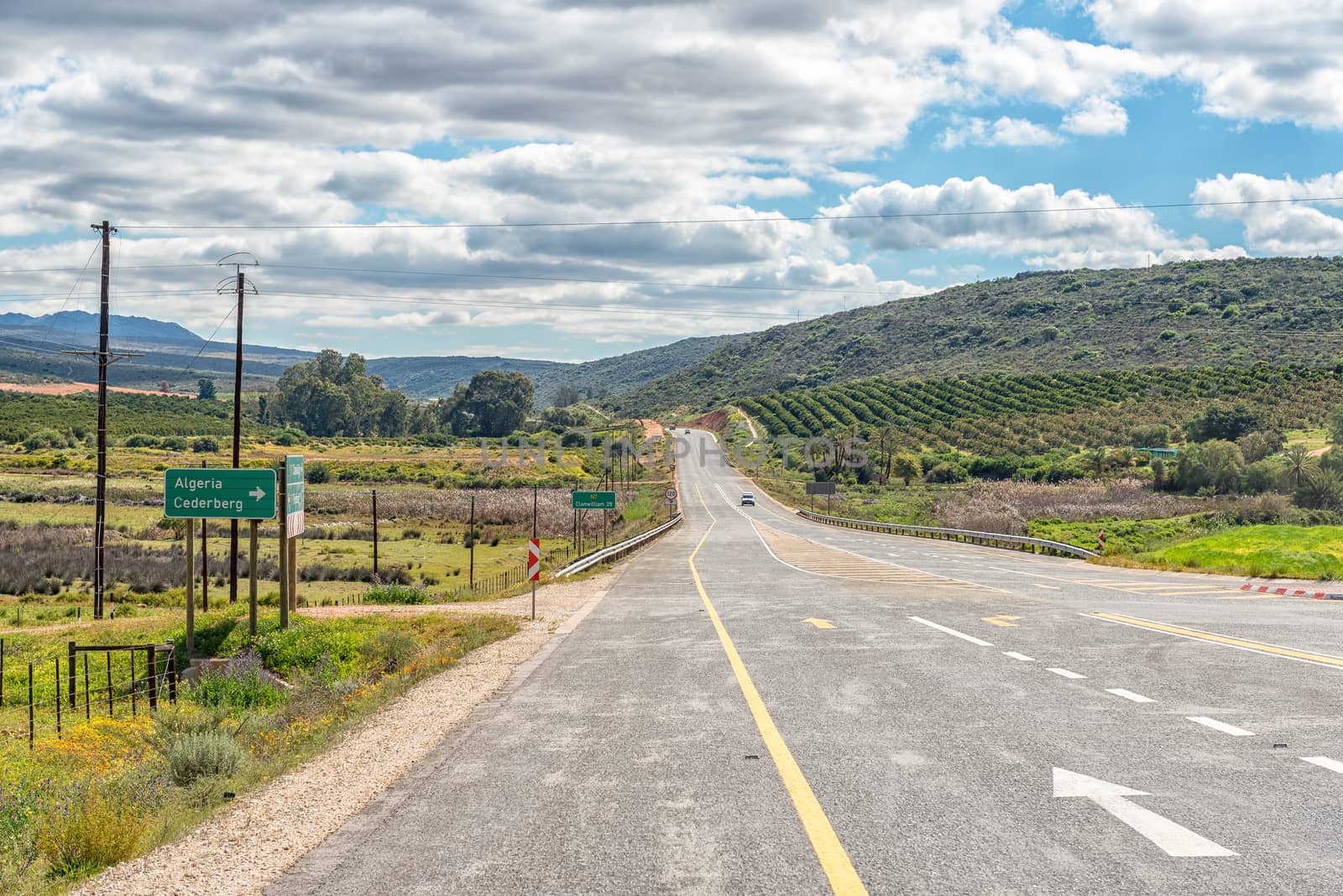 CITRUSDAL, SOUTH AFRICA, AUGUST 22, 2018: A farm scene, with citrus orchards, next to road N7 between Citrusdal and Clanwilliam in the Western Cape Province.
