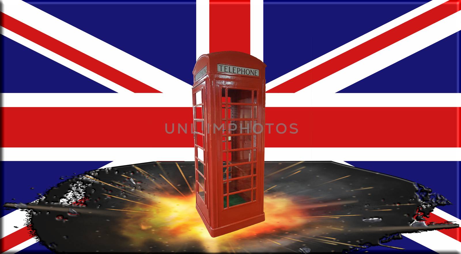 British Red Telephone Box in front of Union Jack. Under the telephoto cell gradient style with fireworks. New Year's Eve concept in London.