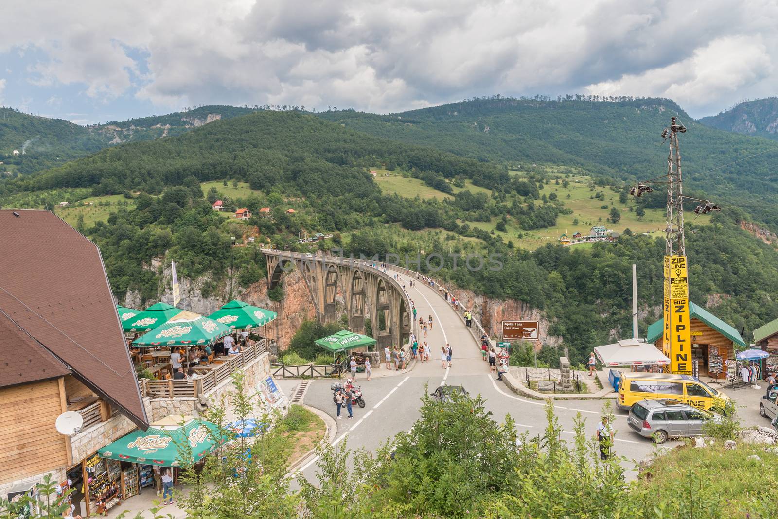 Tara river, Montenegro - 07.16.2018. Panoramic view of Djurdjevic Bridge and Tara River canyon in Durmitor National Park, Montenegro.