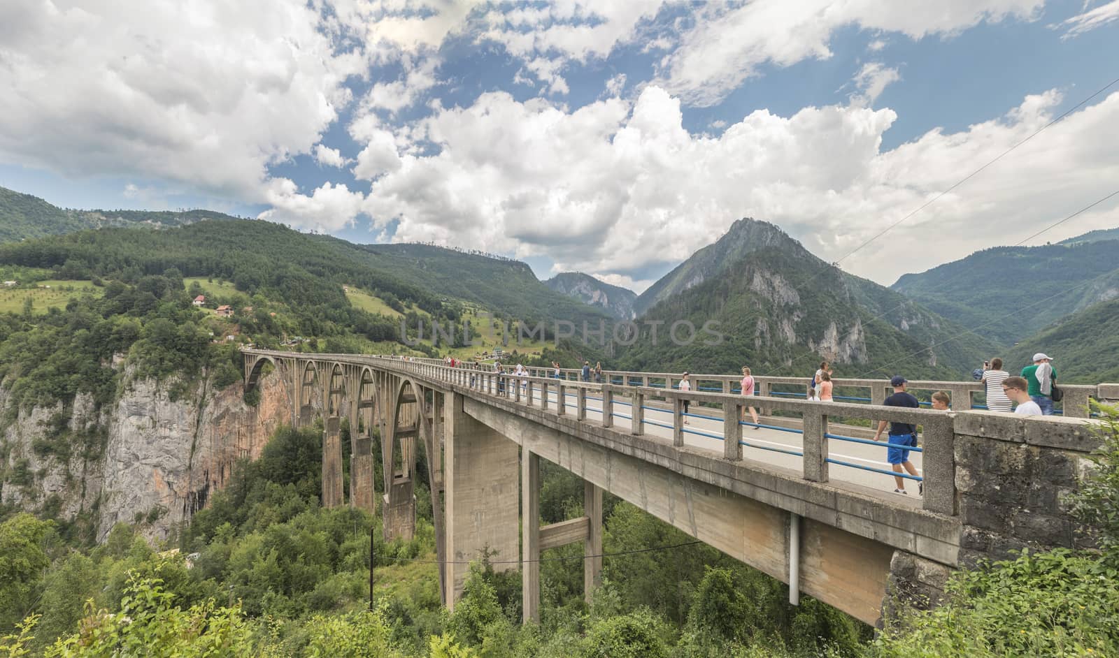 Tara river, Montenegro - 07.16.2018. Panoramic view of Djurdjevic Bridge and Tara River canyon in Durmitor National Park, Montenegro.