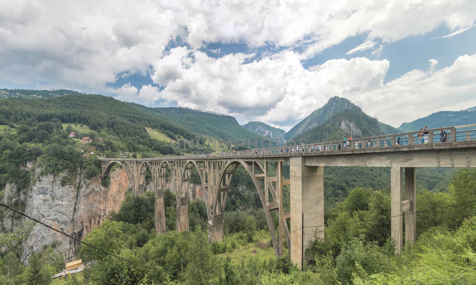 Tara river, Montenegro - 07.16.2018. Panoramic view of Djurdjevic Bridge and Tara River canyon in Durmitor National Park, Montenegro.