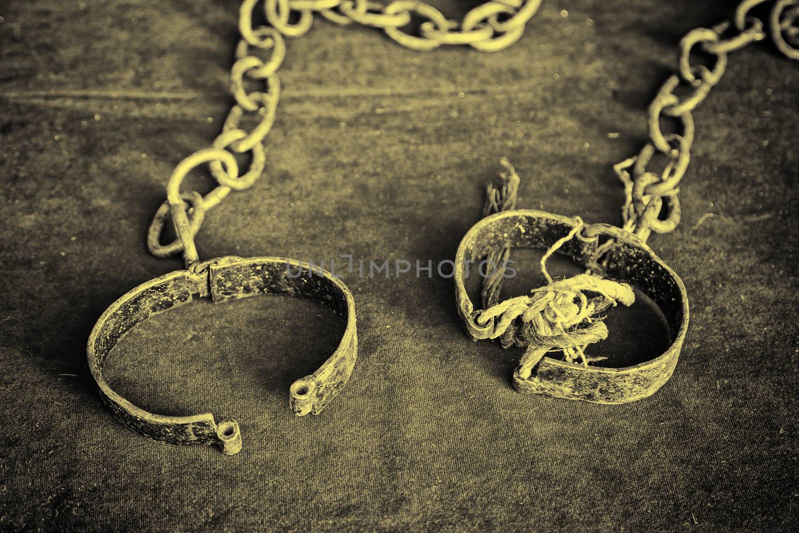 Ancient medieval handcuffs, detail of a former torture tool,