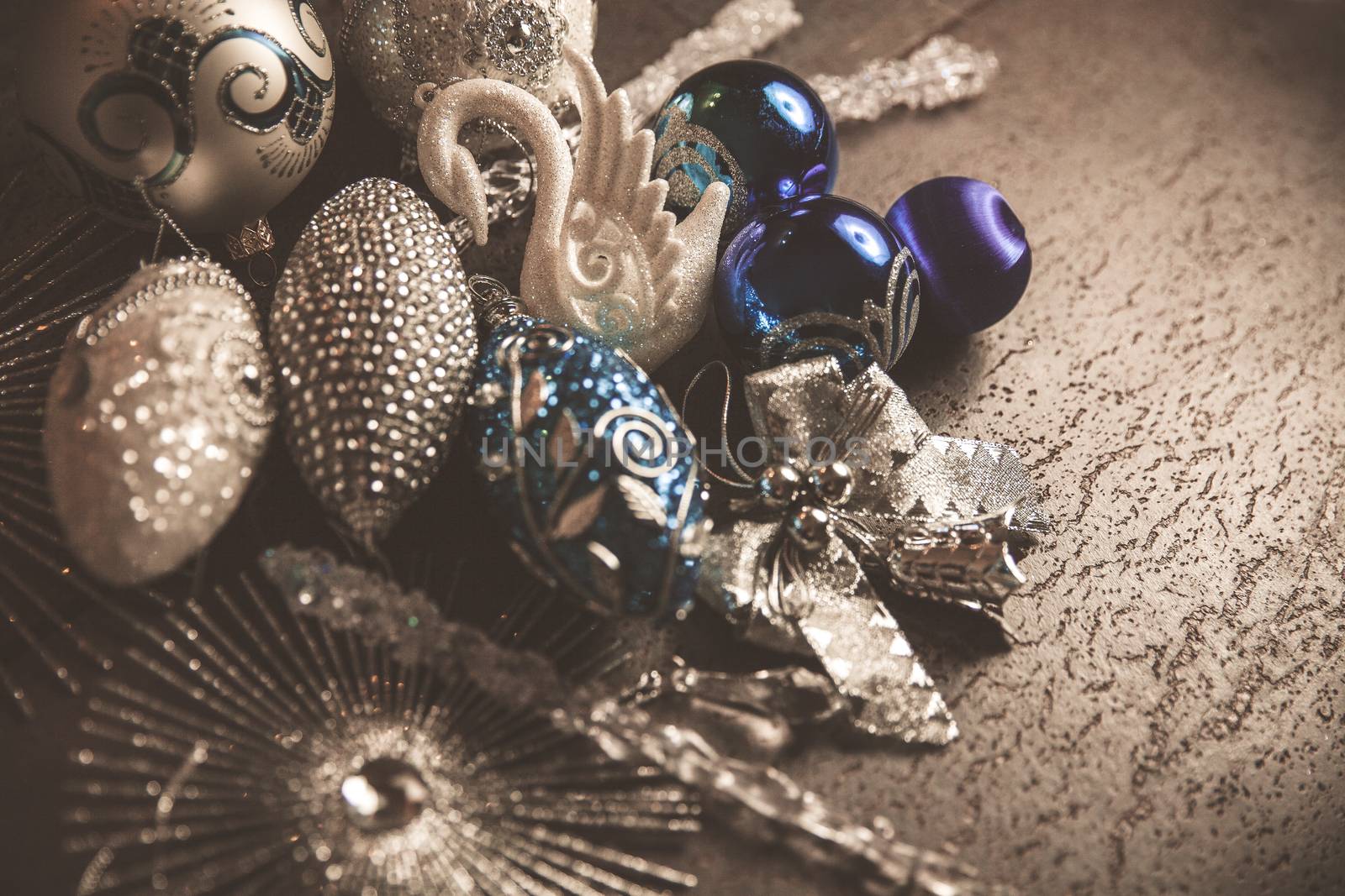 silver and blue christmas balls for 2019 New Year on a dark back by mi_viri