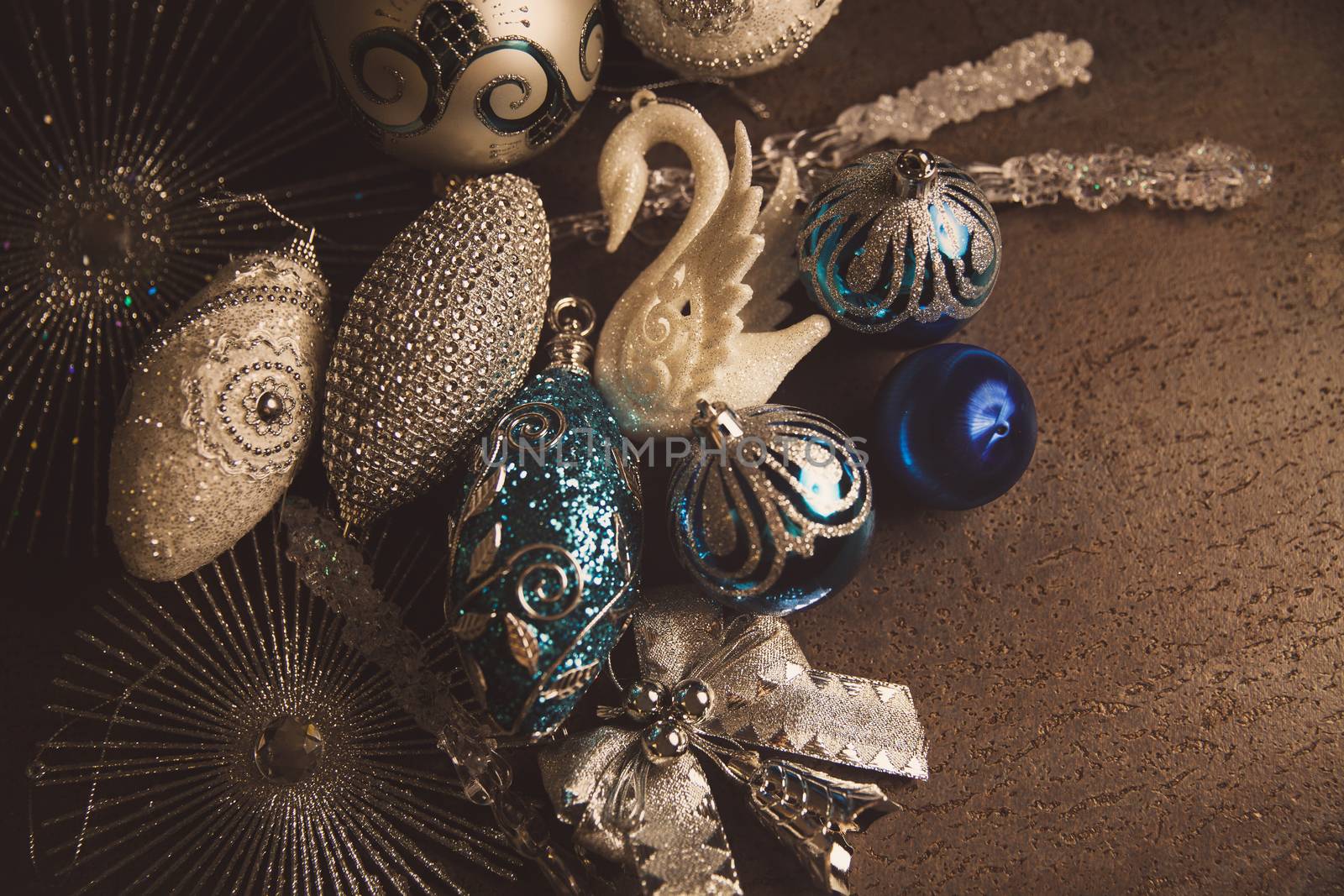 silver and blue christmas balls for 2019 New Year on a dark back by mi_viri
