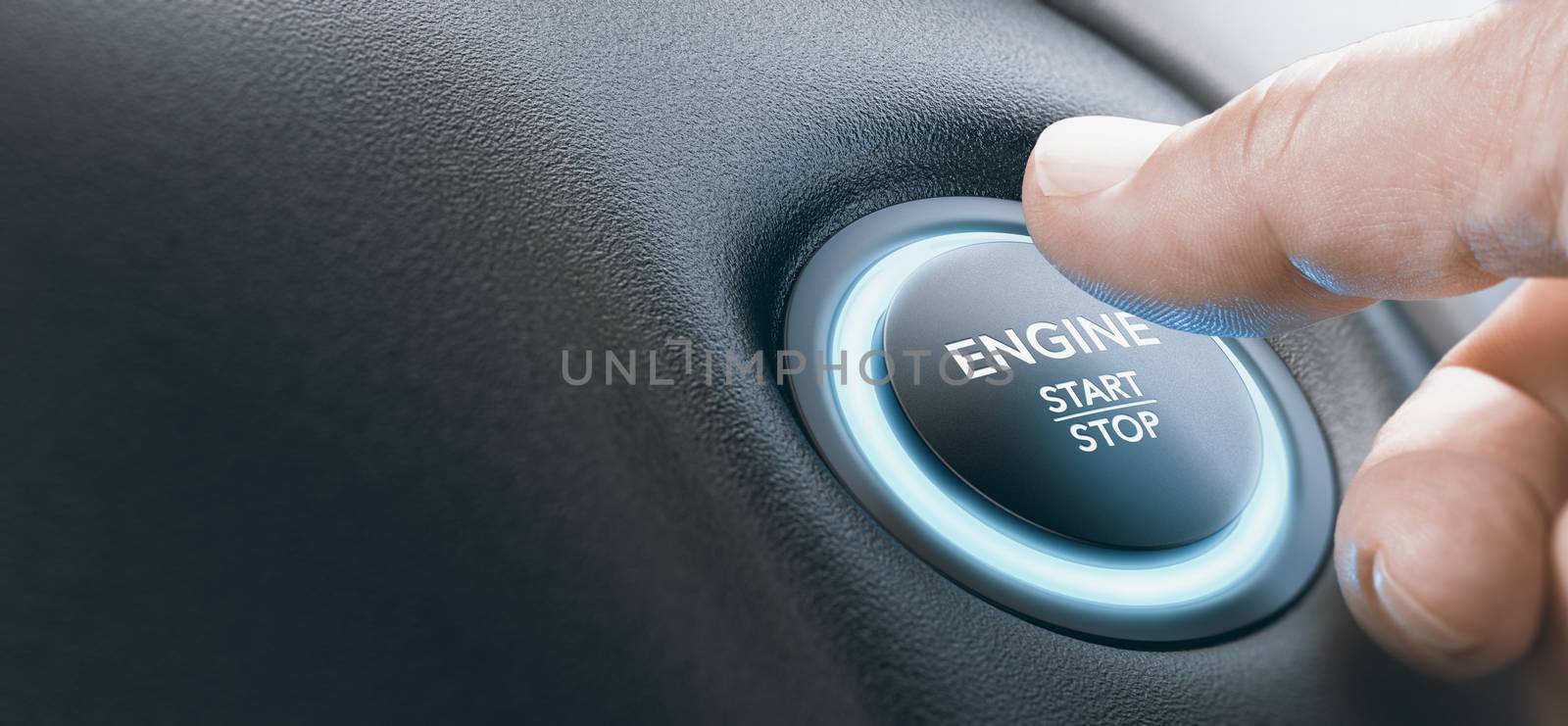 Finger pressing an engine start button with blue color. Composite image between a hand photography and a 3D background.