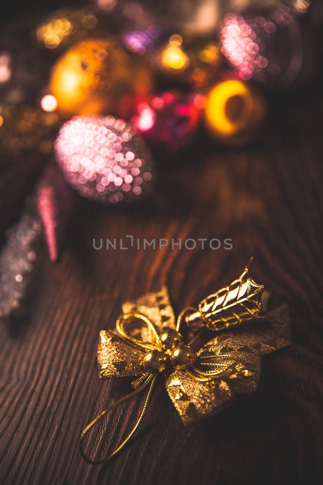  shiny retro decor for Christmas 2019 on dark wooden background by mi_viri