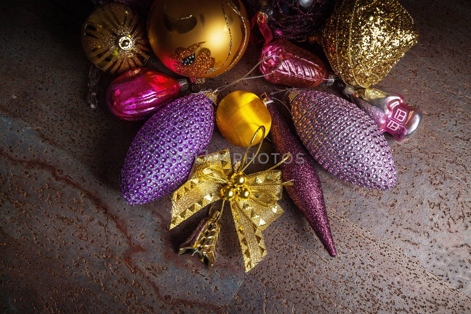 vintage christmas 2019 background with colorful toys on dark sur by mi_viri