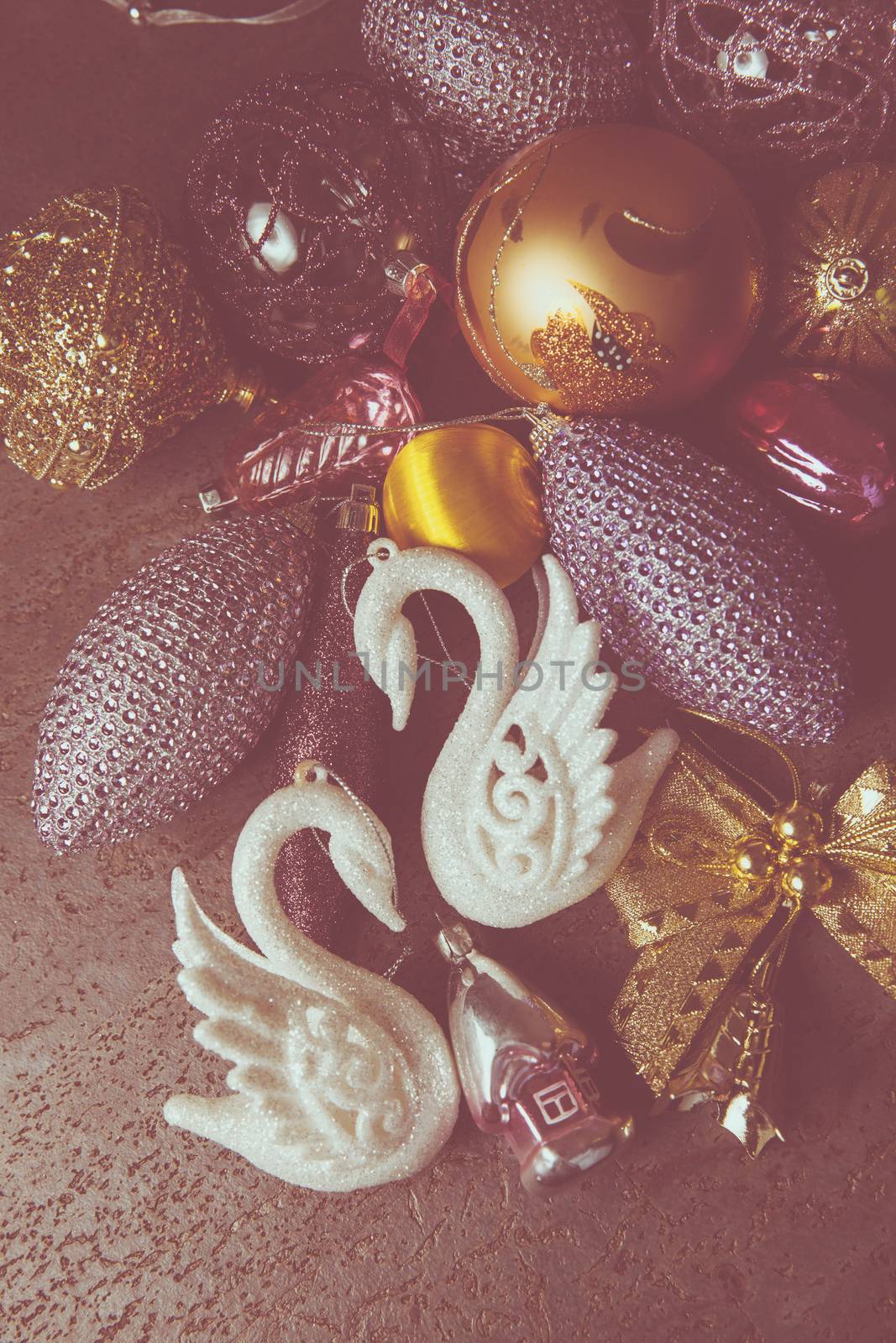 vintage christmas 2019 background with colorful toys on dark sur by mi_viri