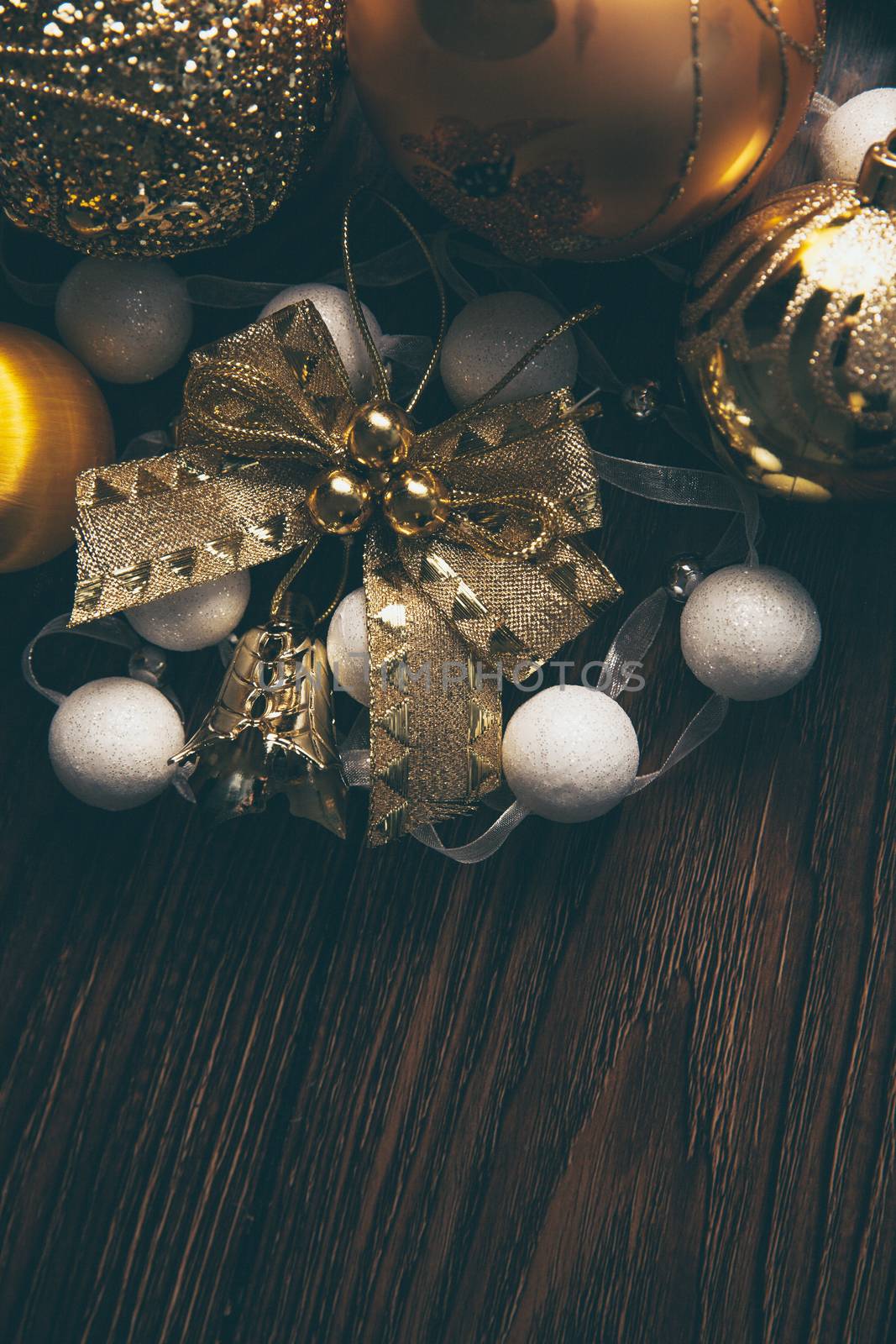 Sparkling golden toys For Christmas 2019 on dark backfround by mi_viri