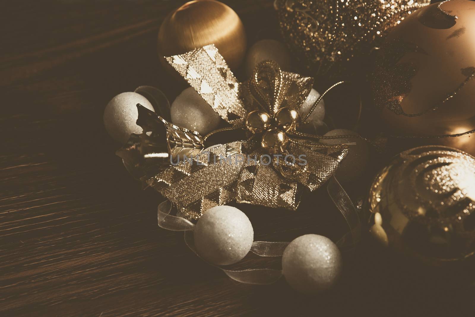 Sparkling golden toys For Christmas 2019 on dark backfround by mi_viri