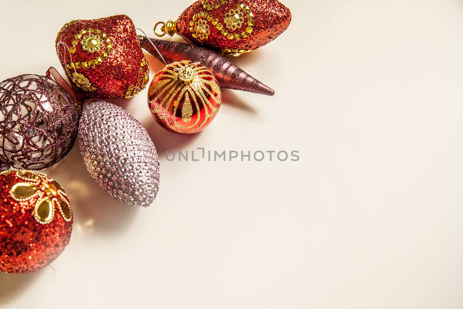 Top view of christmas decor set in red,crimson,pink and lilac co by mi_viri