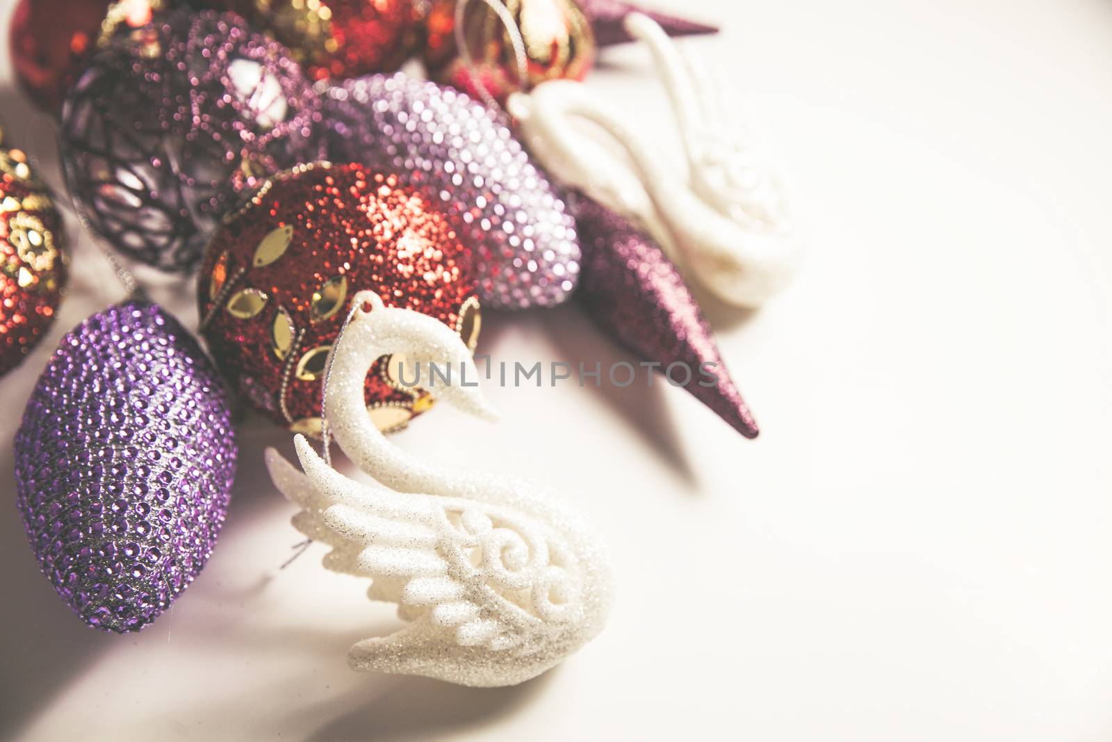 Top view of christmas decor set in red,crimson,pink and lilac co by mi_viri